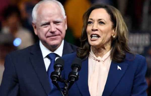 Tim Walz and Kamala Harris at a podium