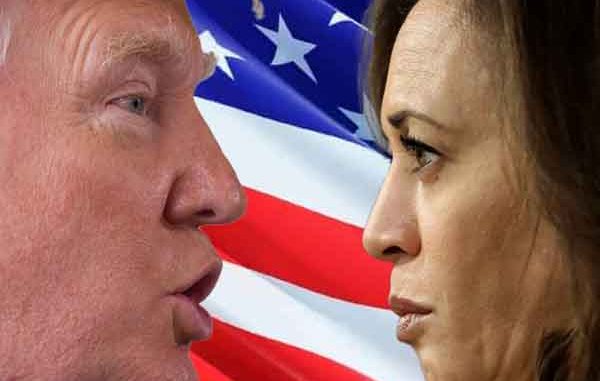 Donald Trump And Kamala Harris facing each other with an American flag in the background